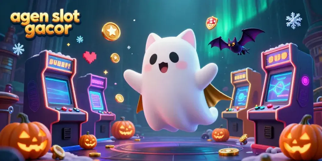 Engage with agen slot gacor in a dynamic scene featuring a ghost cat, bat, and glowing casino elements.