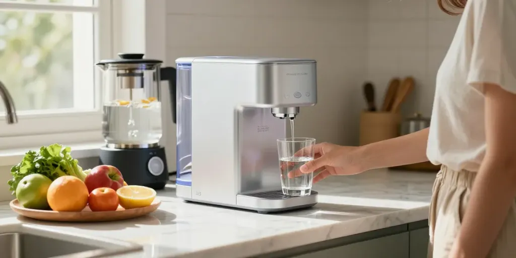 Homeowner enjoying pure distilled water and reverse osmosis water difference in a sunlit kitchen.