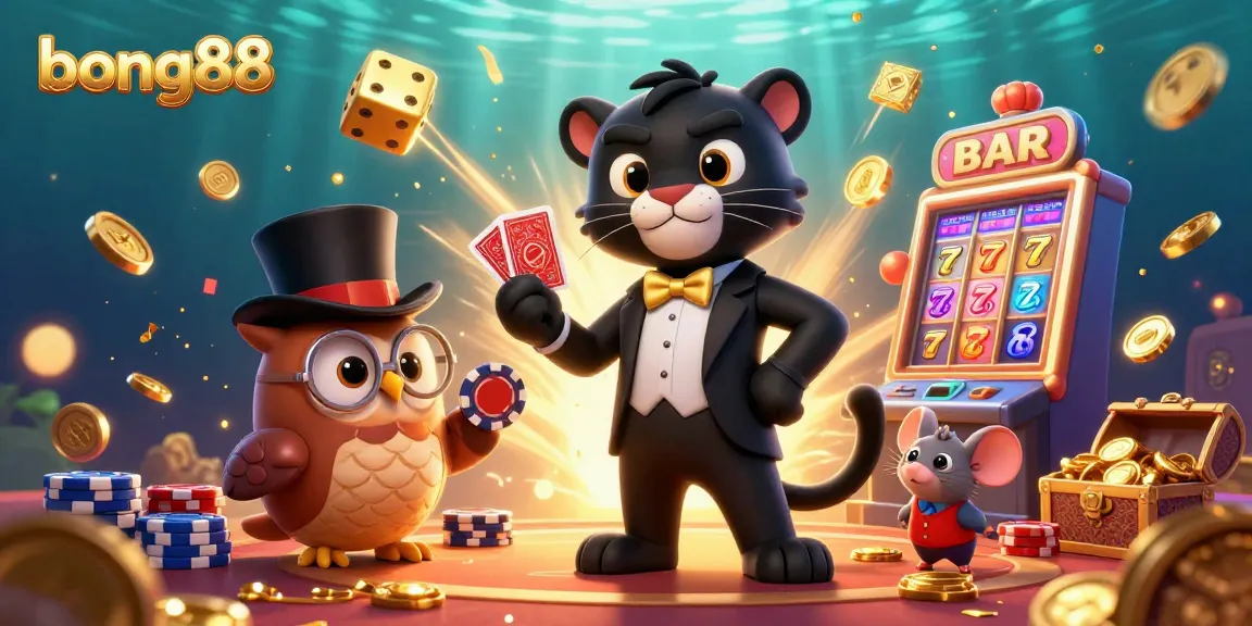 Bong88 reels in excitement with a panther dealer and friends amidst a jackpot explosion of casino symbols.