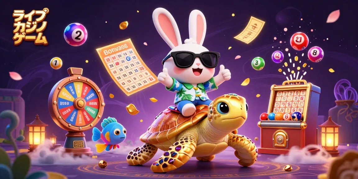 ライブカジノゲームを楽しむかわいいウサギと海ガメの3Dイラスト