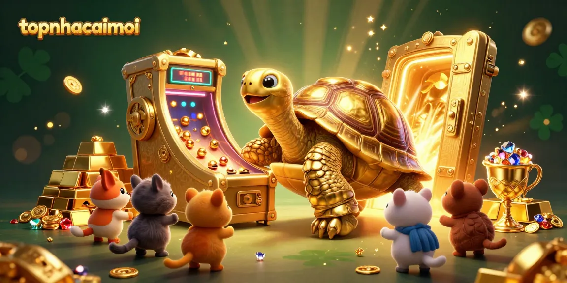 topnhacaimoi showcases a bustling casino scene with animated characters and shimmering treasures.