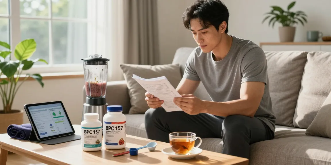 BPC 157 Benefits shown in a modern wellness setting with supplements and health literature.
