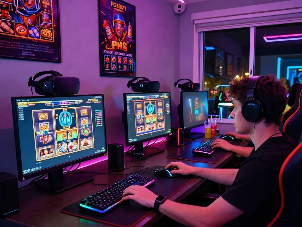 Situs slot gacor Thailand gaming setup with vibrant lighting and PG SOFT games on laptop screen.