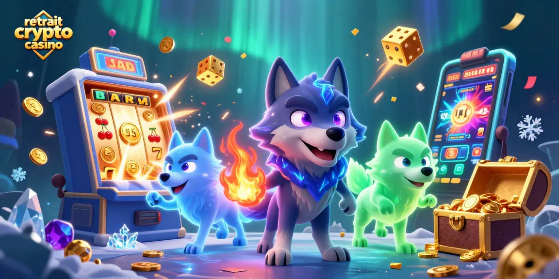 Retrait crypto casino dans une scène animée avec des personnages de loups et des éléments de jeu riches.