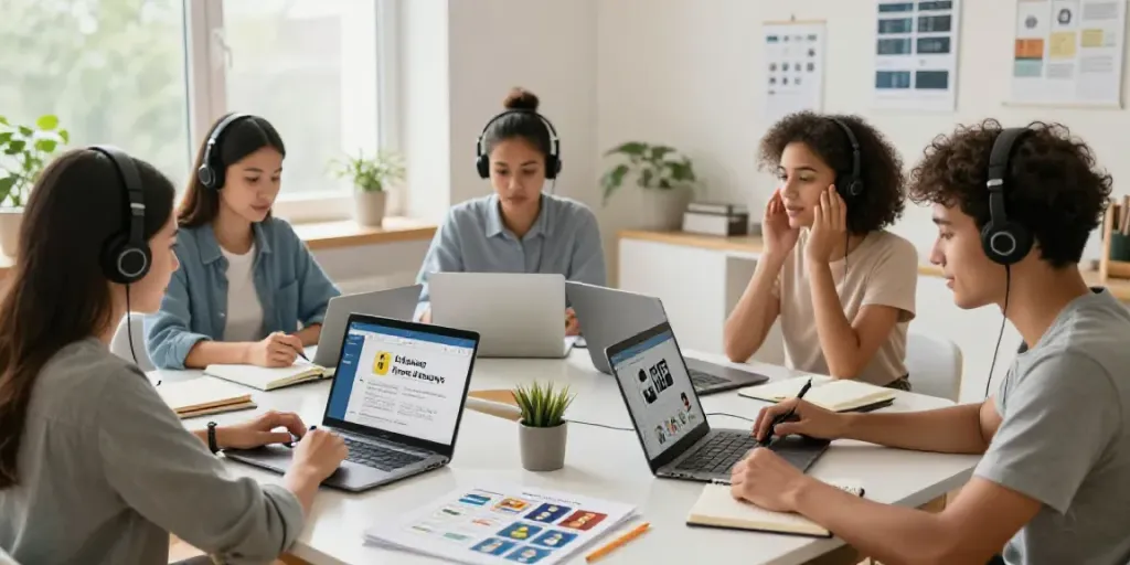 Situs toto language learning online session with diverse students engaged in interactive education.
