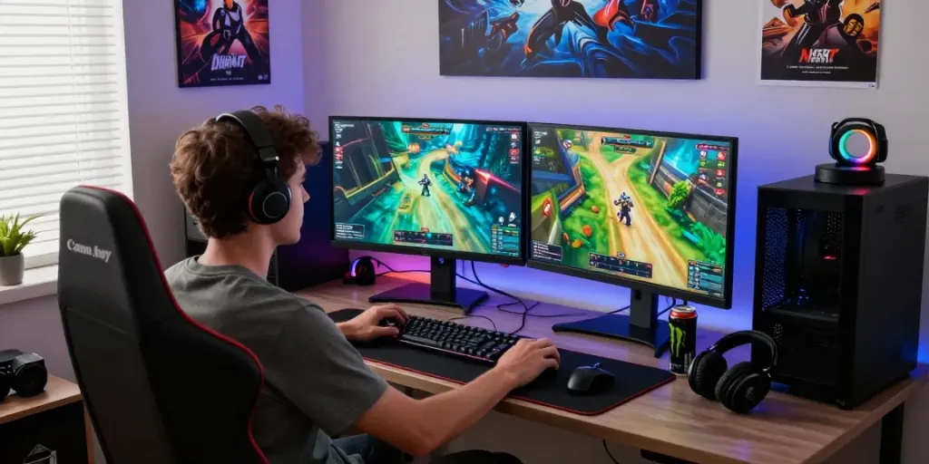 Pengaturan permainan diana4d di kantor rumah yang nyaman dengan gamer fokus pada permainan.