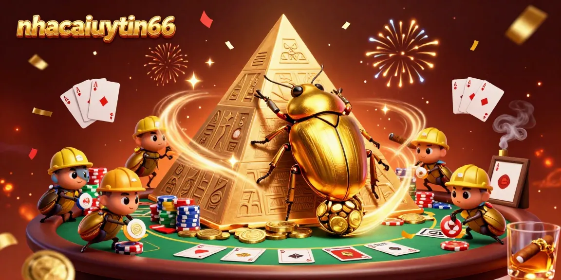 Cheerful 3D cartoon dung beetle team assists in rolling golden coin ball for nhacaiuytin66 casino.