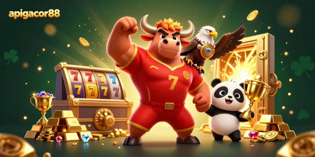 Engage with apigacor88's thrilling games as a muscular bull mascot celebrates victory amidst golden treasures.