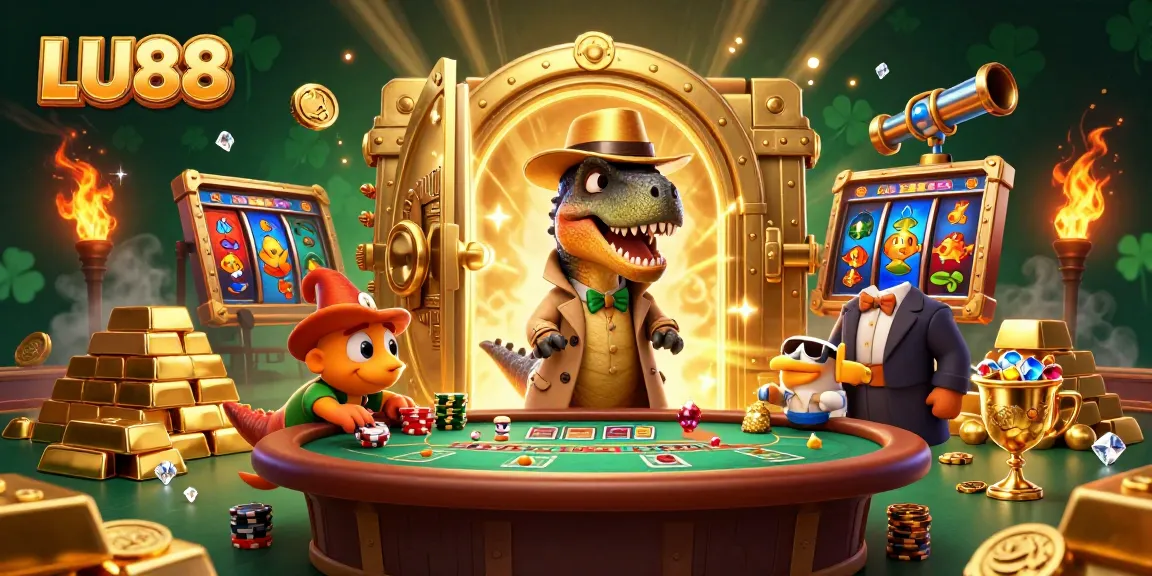 LU88 gaming scene with a velociraptor card counter, gold treasures, and slot features