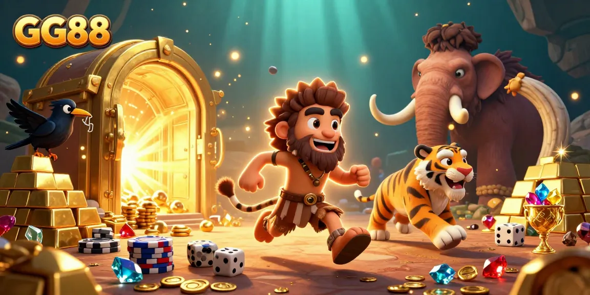 Experience the excitement of GG88 with a prehistoric casino scene featuring vibrant 3D characters and treasure.