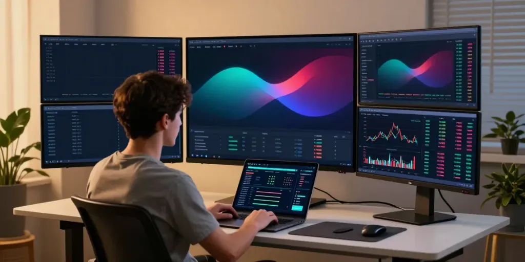 one API for stocks forex crypto in a modern trading workspace with multiple monitors and cryptocurrency data.