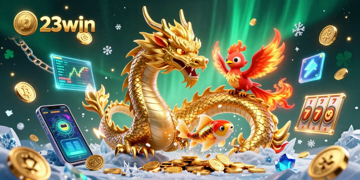 Experience the excitement of casino gaming with 23win's vibrant 3D illustration featuring unique characters and slot elements.