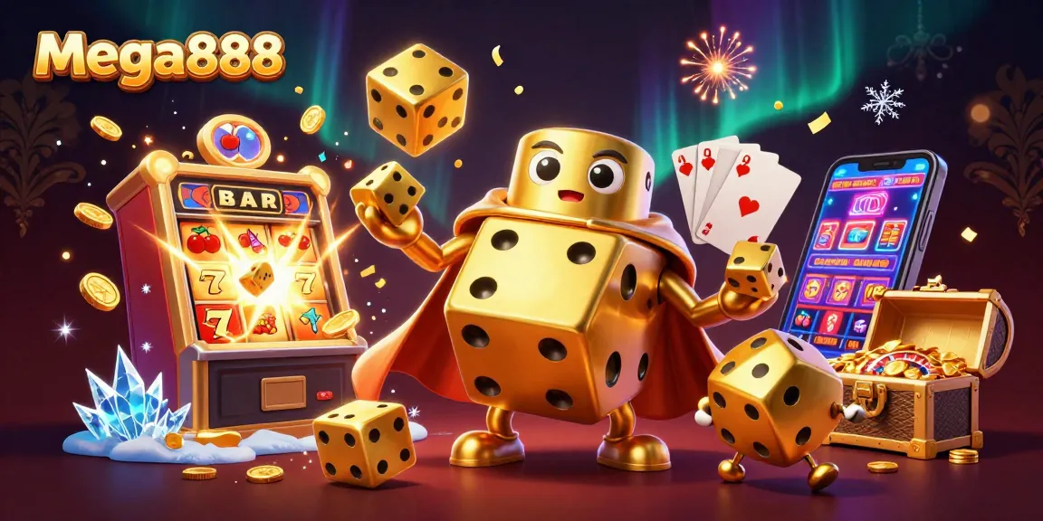 Experience mega888 slots excitement with a golden dice golem and thrilling jackpot scene.