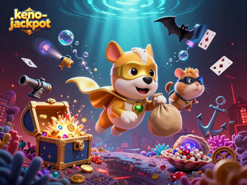 Keno-jackpot-inspired illustration with a superhero dog and hamster among vibrant gaming elements.