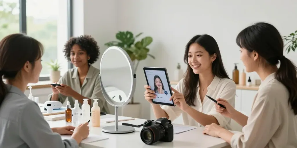 Engaging scene showcasing alternatives to QOVES with diverse individuals using AI for beauty consultation.