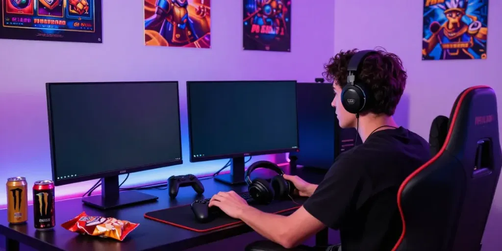Engaging gaming atmosphere depicting a player enjoying PG SLOT games on dual monitors.