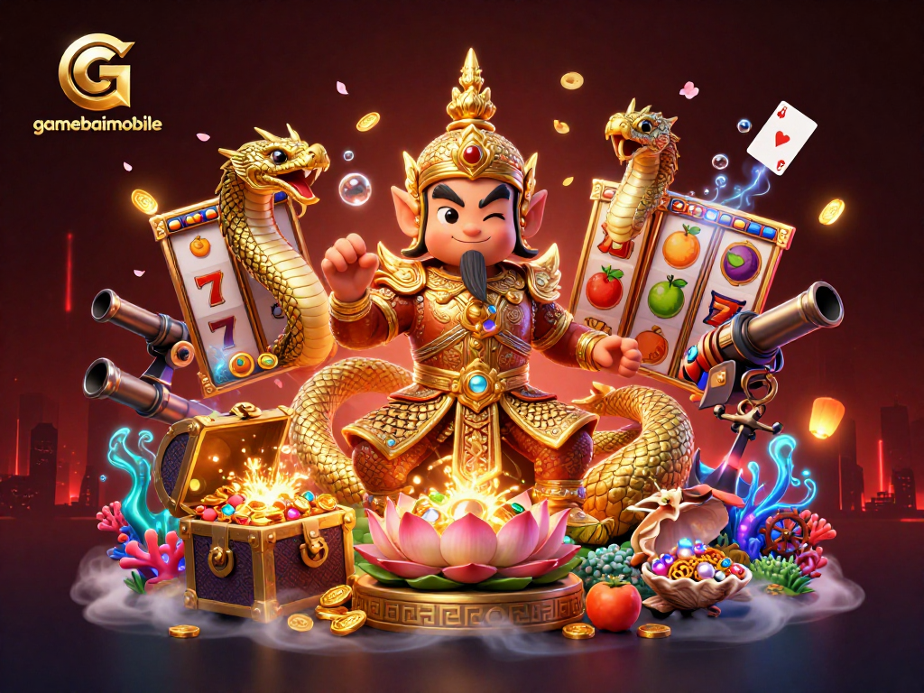Experience the vibrant gaming scene at gamebaimobile featuring a lively Thai guardian with slot visuals.