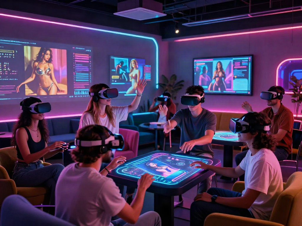 Engaging scene of diverse individuals exploring ai porn in a vibrant VR environment with holographic art.